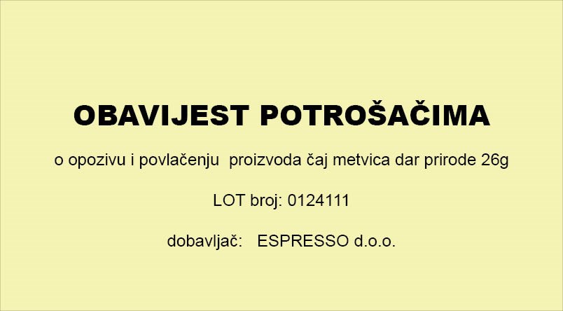 Obavijest potrošačima o opozivu proizvoda